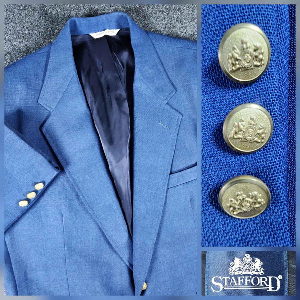 VTG Stafford Hopsack Blazer Men 44S Blue Worsted Wool Gold Crest Button USA Made
